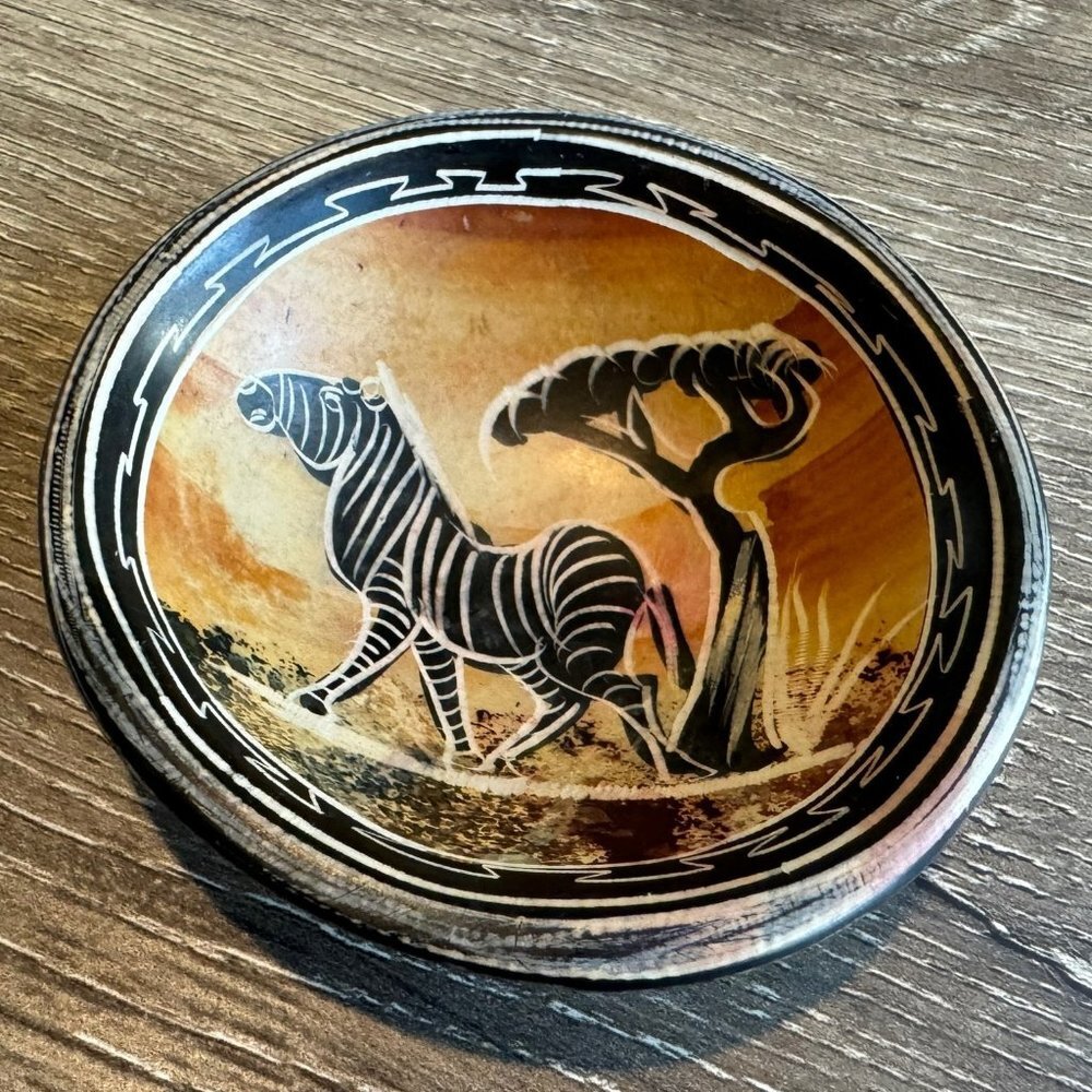 Hand Painted Zebra Small Stone Dish Trinket Bowl.
